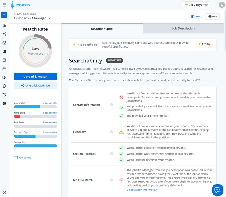 Jobscan resume match report showing keyword analysis and ATS compatibility score