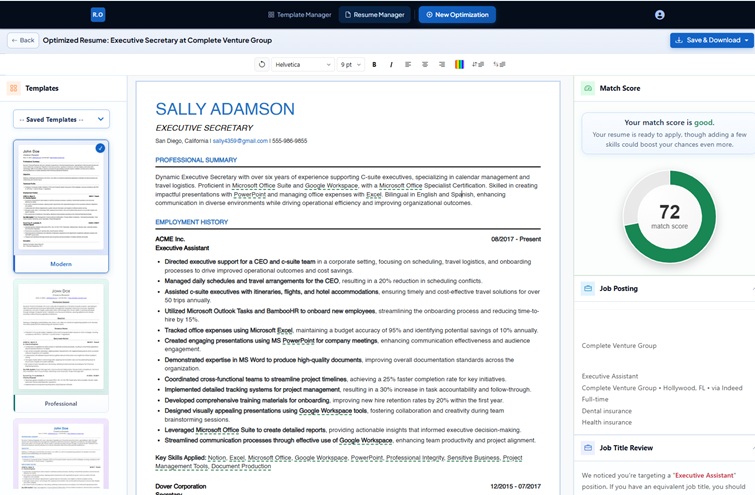 Resume Optimizer Pro dashboard showing ATS score and one-click optimization interface
