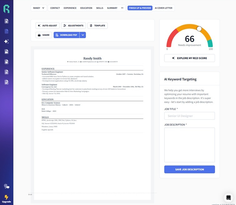 Rezi AI resume builder showing keyword optimization and ATS scoring interface