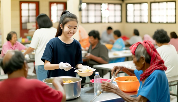 student feeding homeless
