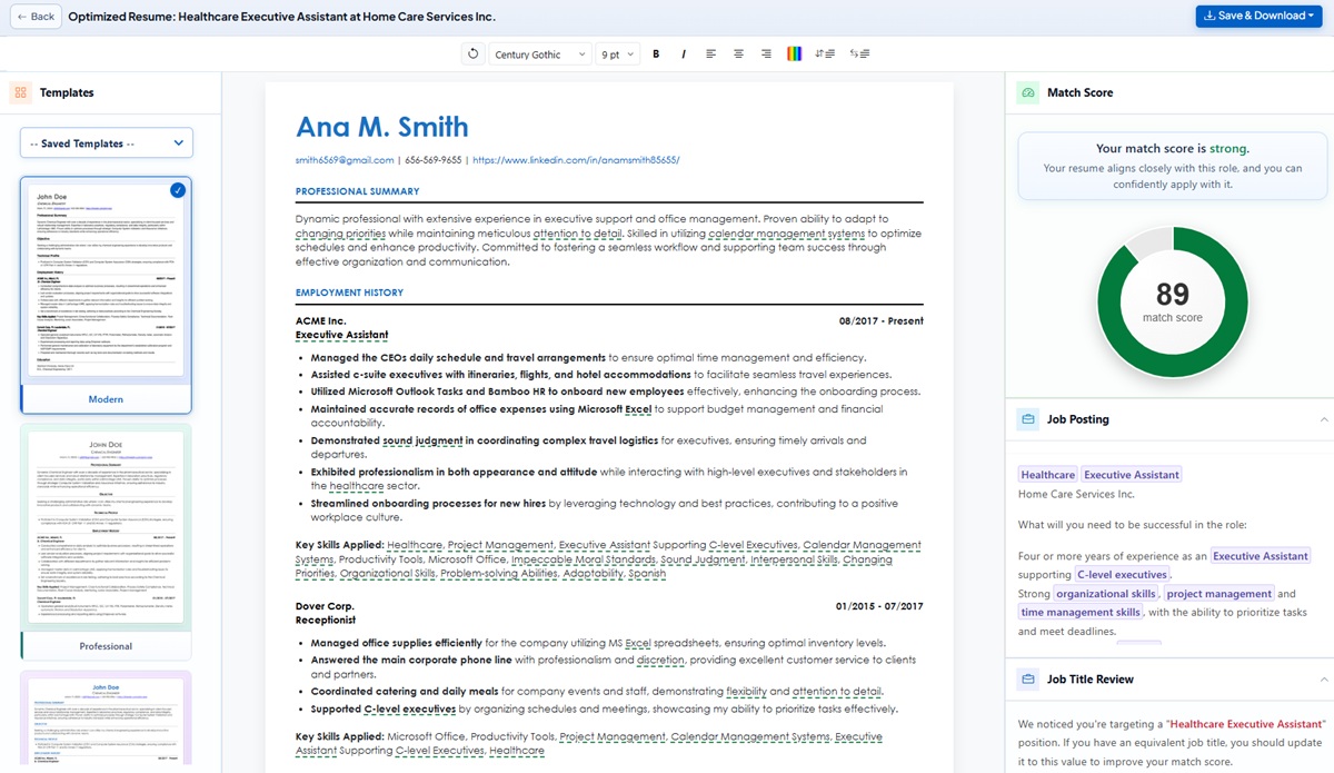 Resume Optimizer Pro — optimized resume with ATS match score of 81