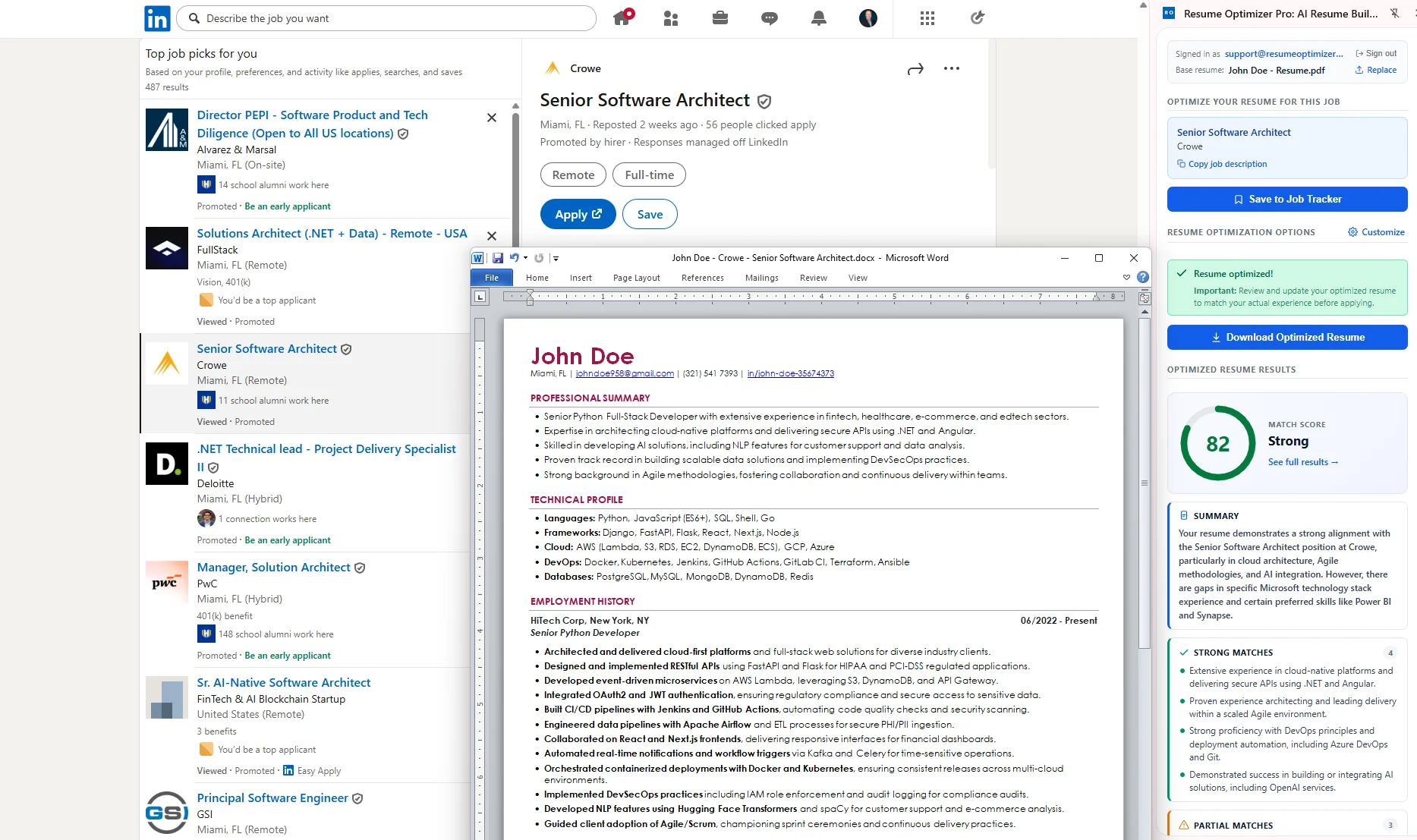 Resume Optimizer Pro Chrome extension overlay scoring a LinkedIn job posting against the user resume