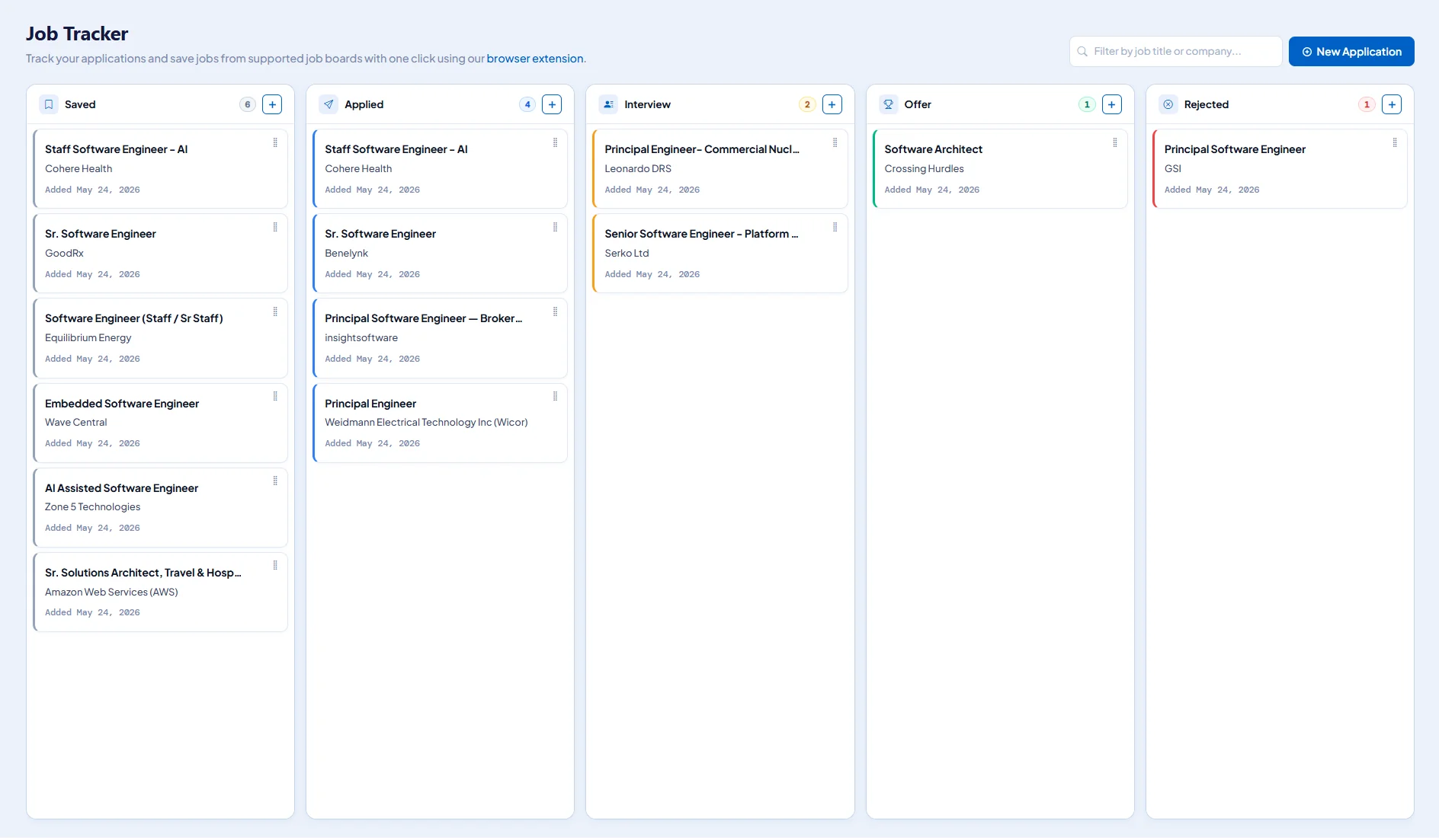 Job application tracker board with stages for applied, interviewing, offer, and rejected
